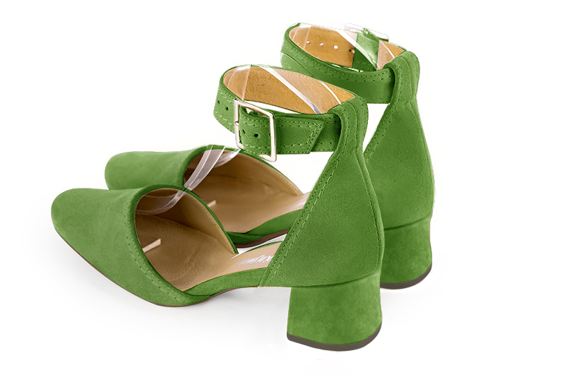 Grass green women's open side shoes, with a strap around the ankle. Round toe. Low flare heels. Rear view - Florence KOOIJMAN